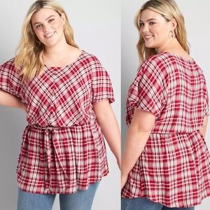 Lane Bryant | Short-Sleeve Belted Plaid Top